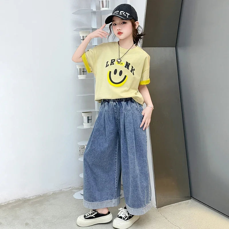 Girls Summer Clothes Sets Children Smiley Face Print Short-Sleeve T-Shirt + Denim Wide-Leg Pants Two-Piece Sets 2025 New