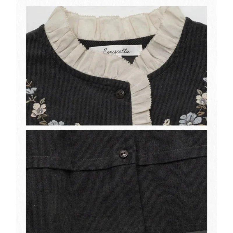 Girls Dresses 2025 Autumn Winter 100% Cotton Corduroy Black High-end Embroidered Dress Cardigan Woolen Sweater Kids's Clothing