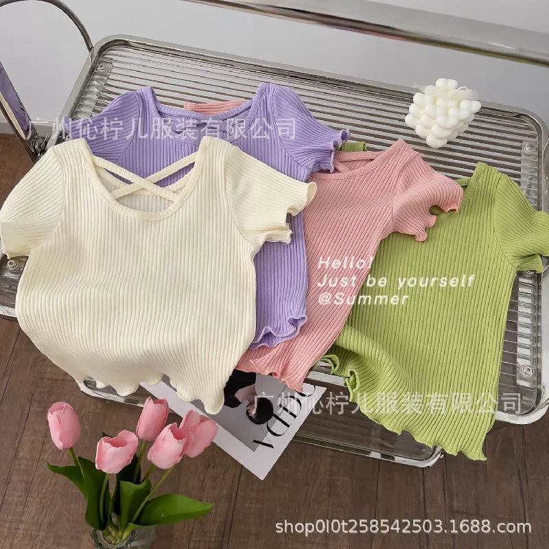 Girls T-Shirt Summer Children Short Sleeved Thin Soft Tops Simple Solid Color Casual Kids Clothing 2-6 Years Sweet Shirtthing