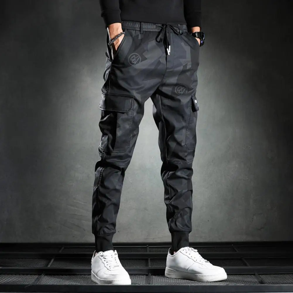 Men Cargo Pants Camouflage Print Drawstring Multi Pockets Bottoms Ankle Tied Trousers Autumn Elastic Waists Casual Sports Pants