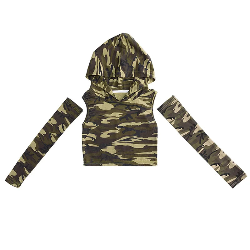 Girls Jazz Dance Costumes, Hip-hop Stage Costumes, Zumba Practice Clothes, Camouflage Children's Clothing Suits,10-12 Years Old