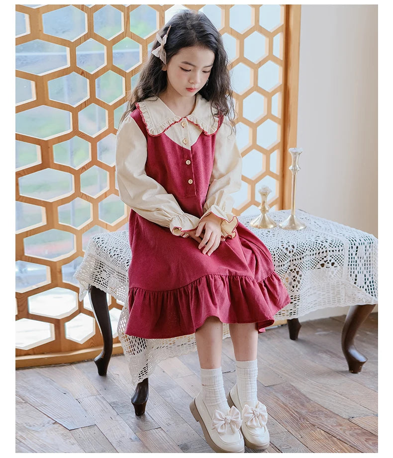 Girls Dress 2023 Winter Korean Style Children's Clothing Girls Fake Two-Piece Lapel Forest Fishtail Skirt Corduroy Princess Dress