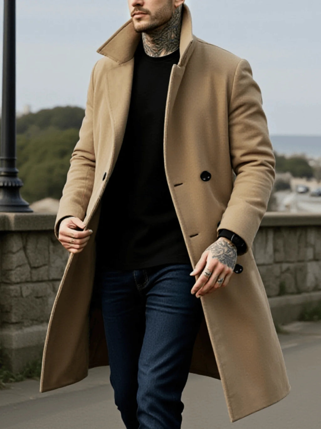 Men's Winter Mid-Length Coat Wool Warm Coats Lining Double Breasted Lapel Jacket Street Wear Men's Clothing Outerwears