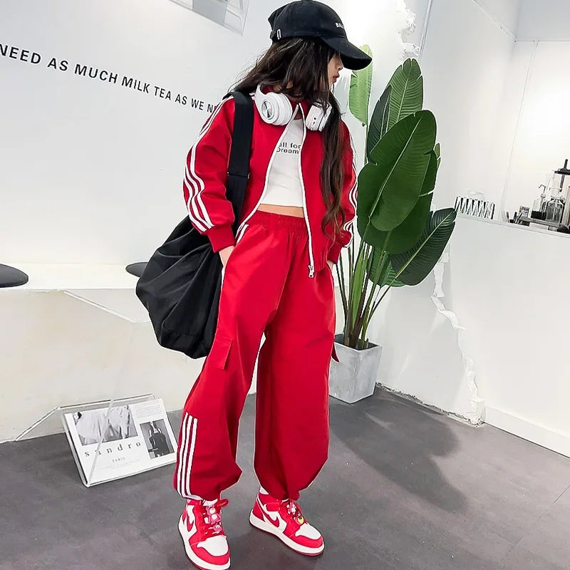 2025 New Girls Outfit Spring/fall Casual Striped Short Jacket  Wide Leg Pants 2-Pieces Fashion School Kids Sporty Tracksuit Set