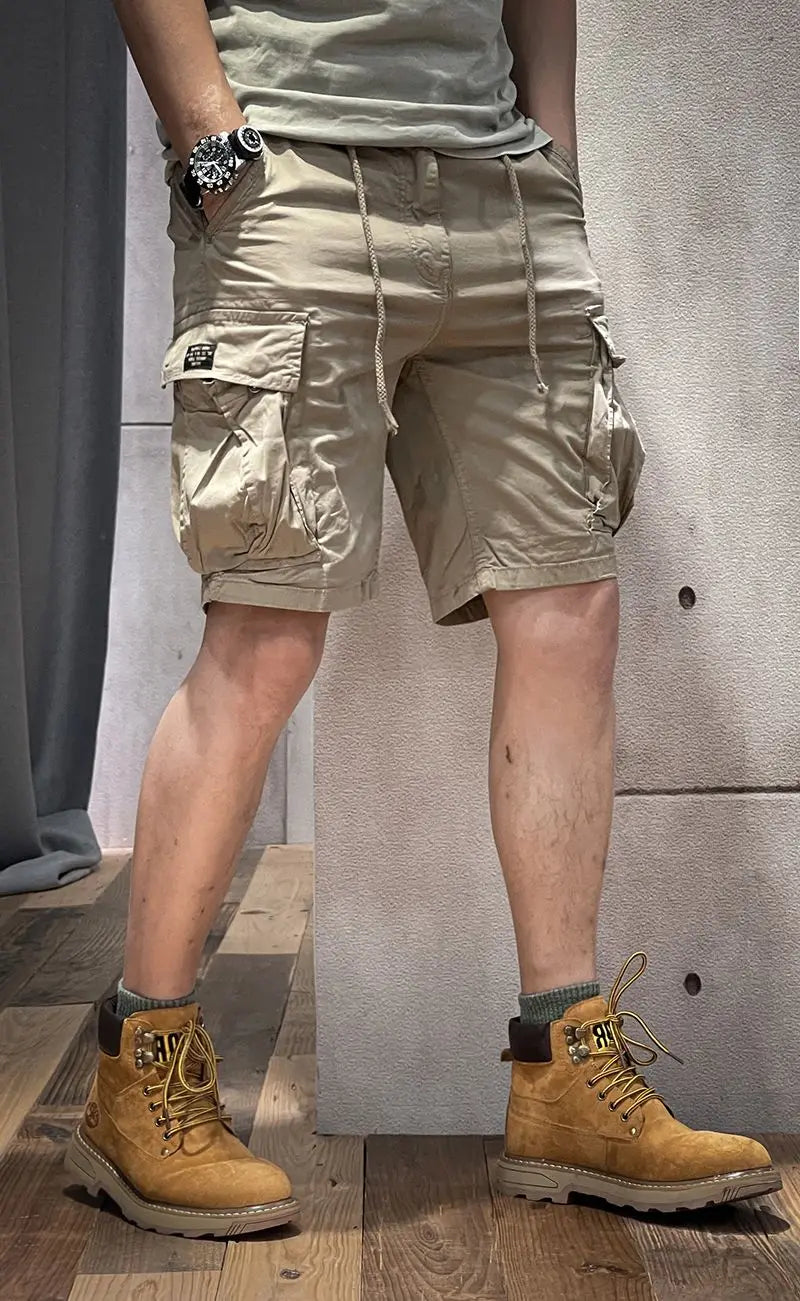 Half Men's Cargo Shorts Solid With Draw String Khaki Male Bermuda Short Pants Summer Korean Style Baggy Elastic Waist Homme Y2k