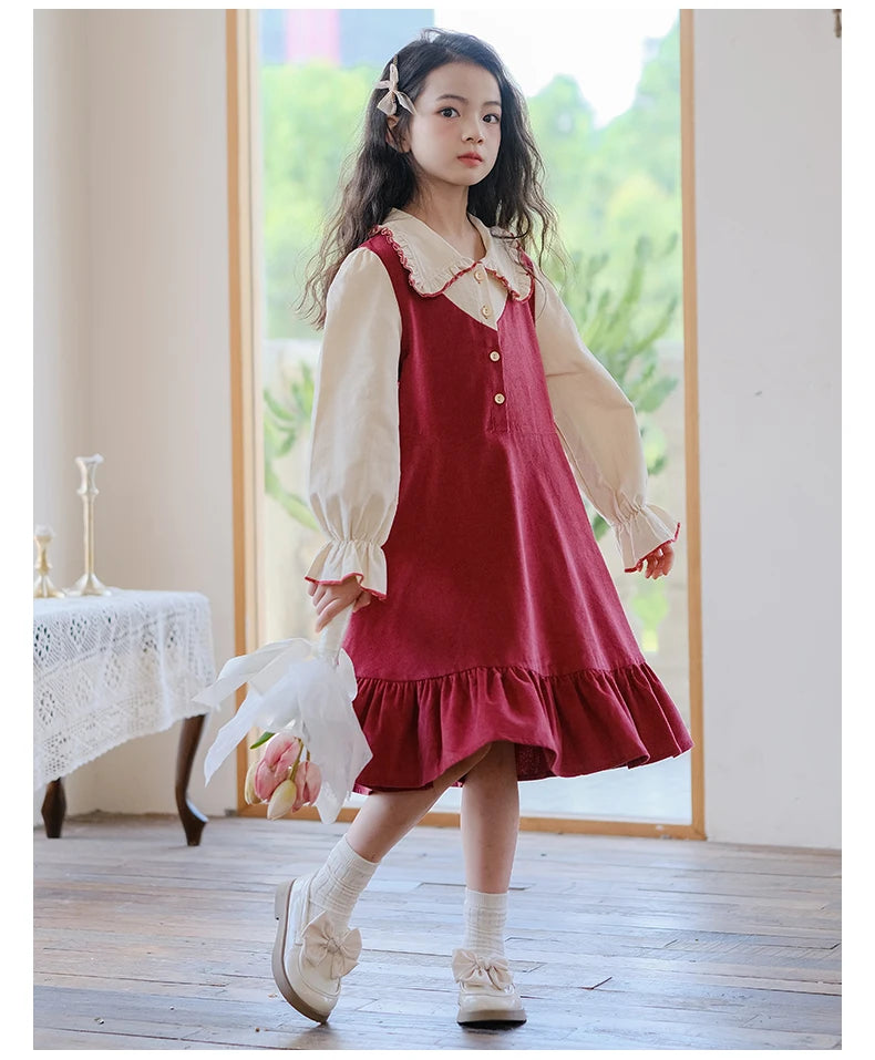 Girls Dress 2023 Winter Korean Style Children's Clothing Girls Fake Two-Piece Lapel Forest Fishtail Skirt Corduroy Princess Dress