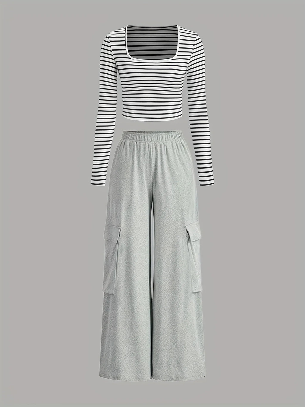 Girls' Clothing Set for Autumn: Two-Piece Outfit with Square-Neck Striped Long-Sleeve Top and Casual Pants with Pockets, Suitable for Outdoor Activities, Sporty and Fashionable