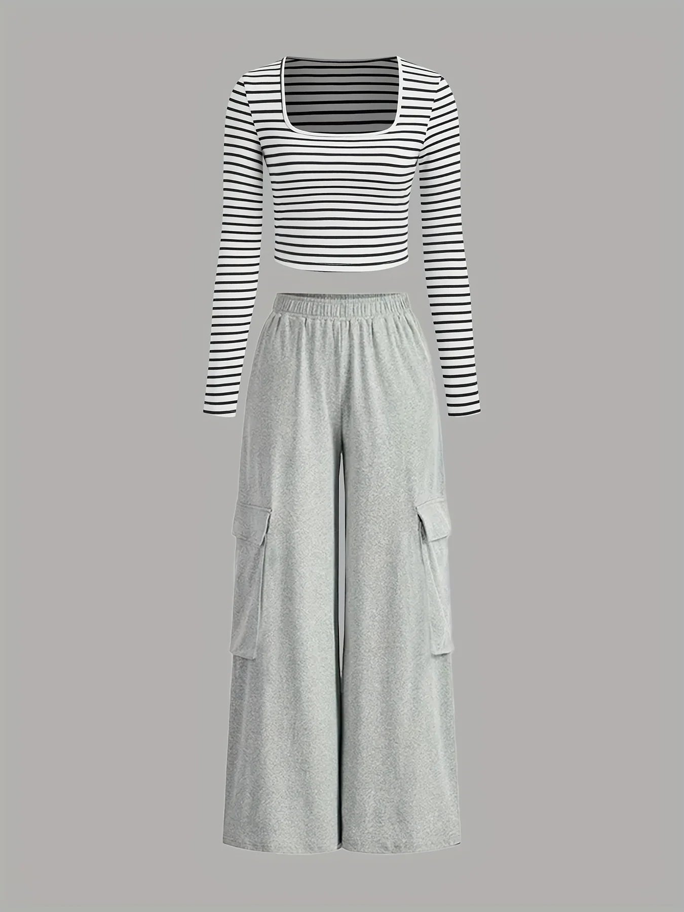 Girls' Clothing Set for Autumn: Two-Piece Outfit with Square-Neck Striped Long-Sleeve Top and Casual Pants with Pockets, Suitable for Outdoor Activities, Sporty and Fashionable