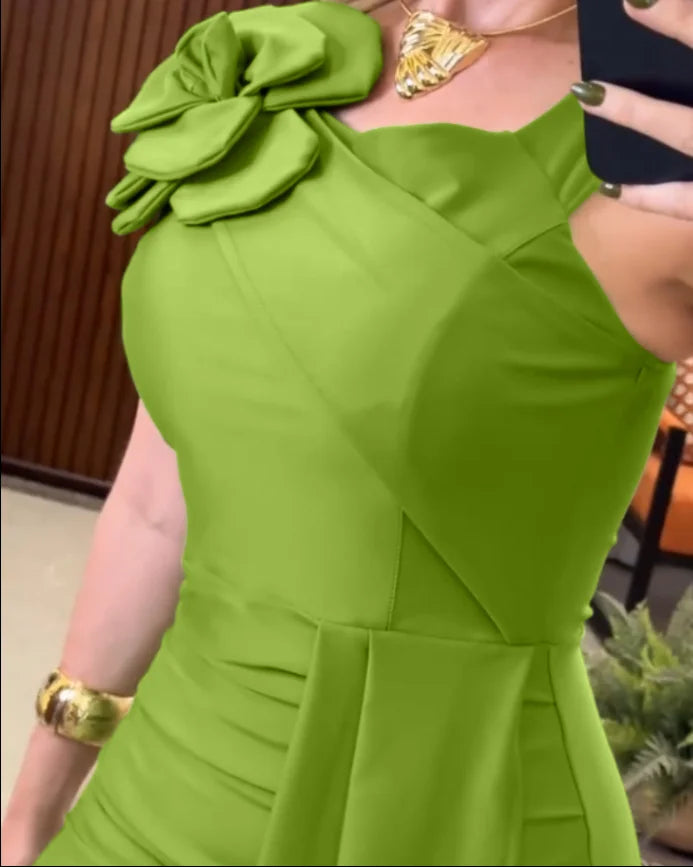 Elegant Dresses for Party Wear 3D Flower Decor Sleeveless Ruched Dress Women's Decorative Side Ties Slit Back Bodycon Dress