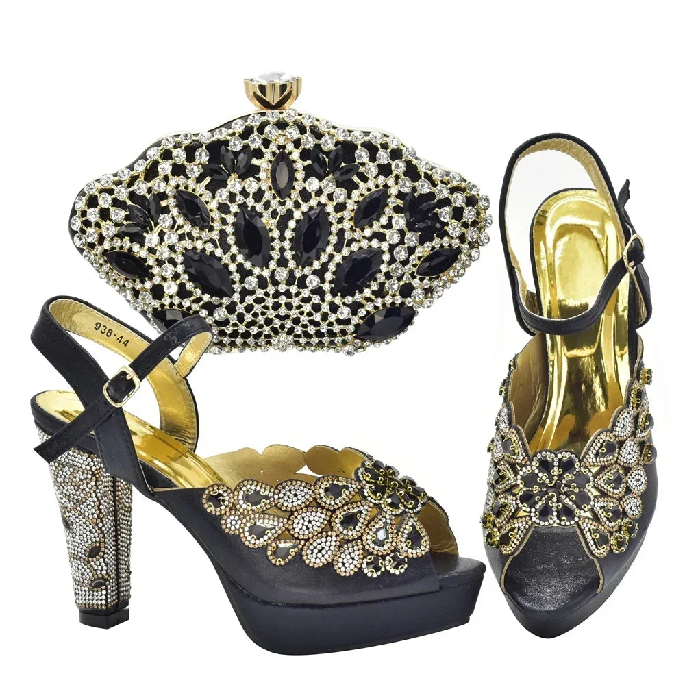 New Italian Shoes and Bags Matching Set with Rhinestone Shoes for Women 2025 Designer Luxury High Heels  Shoes for Women Elegant