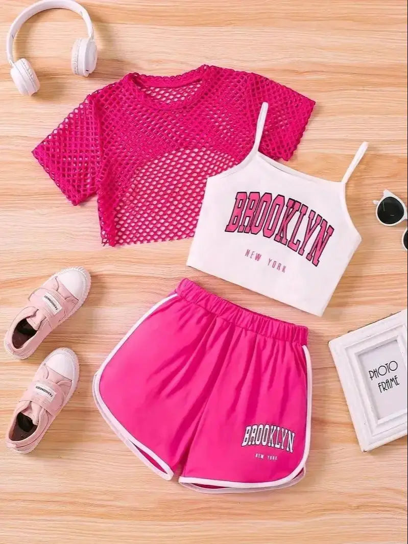Girls' Three-Piece Outfits New Breathable Summer Thin Fashion Short Sleeve Mesh Top+Letter Print Crop Vest Sling+Letter Print Sport Shorts