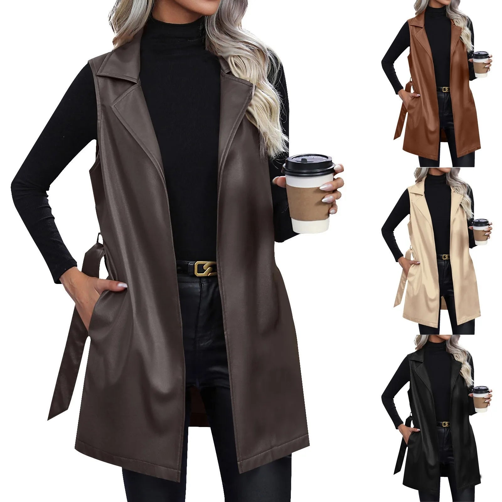 Women Jackets Fashion Leather Vest Sleeveless Coat Suit Collar Slim Spring Autumn Windbreaker Coat For Outdoor Daily Wear