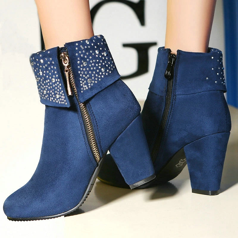 Rhinestone Crystal Sparkle Red Navy Blue Ankle Boots for Women Big Size 46 47 Zipper Chunky High Heels Bling Winter Warm Shoes