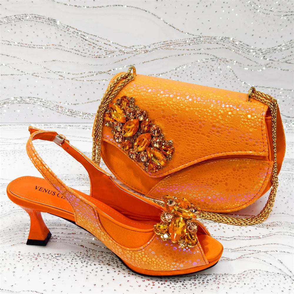 2025 New Rhinestone Design African Shoes & Bag Set in Green – Open Toe Comfortable Women's Heels - Hot Sale on Instagram