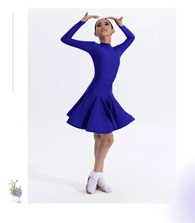 Girls Latin Dance Competition Clothing Glossy Fabric Long Sleeves Dance Dress Kids Cha Rumba Dance Practice Training Wear