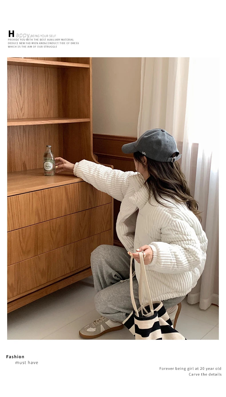 Women Short Parkas Jackets 2025 Autumn Winter Corduroy Long Zipper Thick Warm Outwear Coats Female Winter Jackets parkas Coats