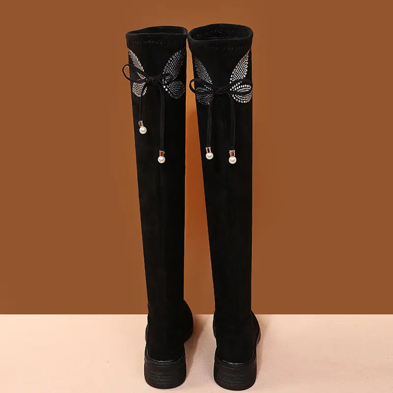 Women's Boots Rhinestone Shoes for Woman Thigh High Footwear Above Over The Knee Middle Heel with Laces Lace-up Quality New In