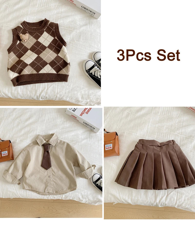 Girls Autumn Sweet Suits Set with Skirt Pleated Vest Shirt Boys Sweater Coat Kids College Outfit Baby Infants Clothing