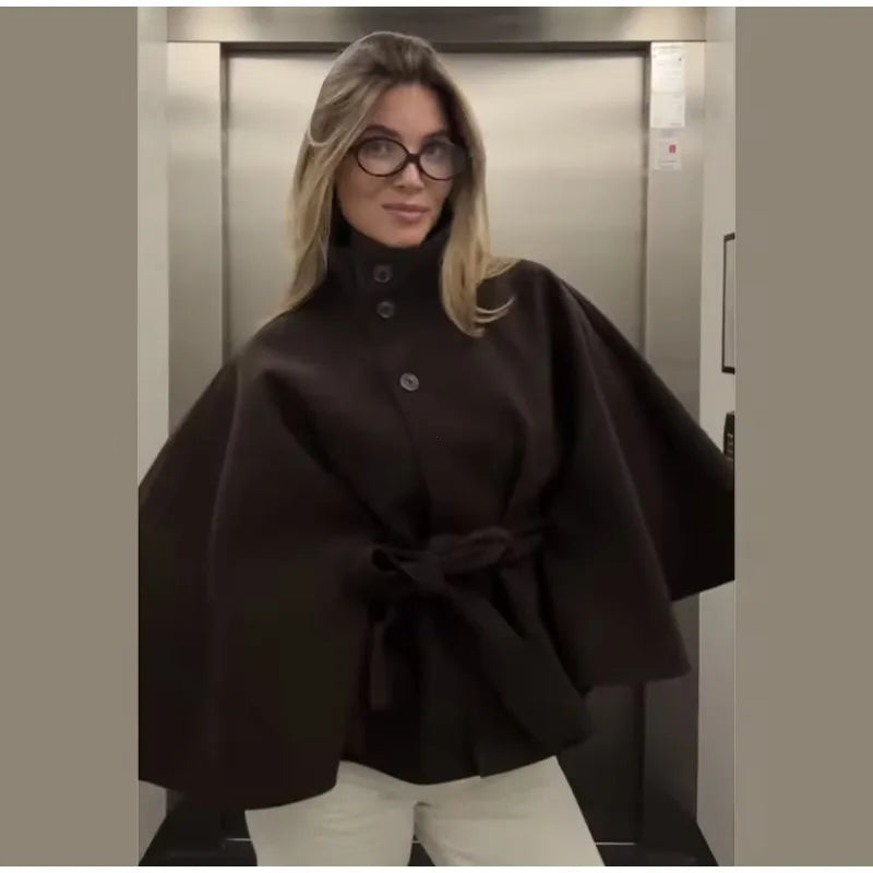 Womens Short Cape Coats For Women Belt Blends Coats Autumn Winter Solid Coats Elegant Cloak Jacket Ladies 2025