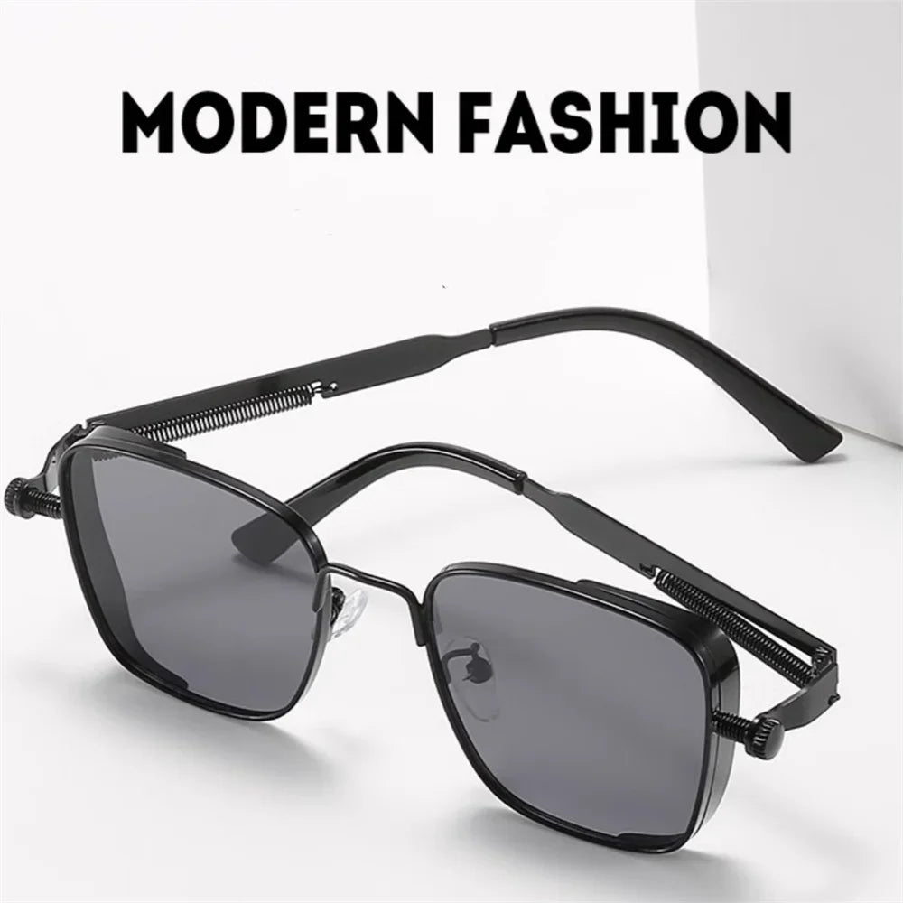 Men Driving Sunglasses Vintage Steampunk Square Sunglasses Metal Frame with Spring Hinges Women Eyepiece Trendy Driver Glasses