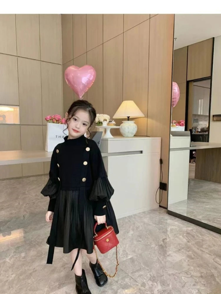 2025 Spring and Autumn New Girls' Dress Children's Clothing Black Design Sense Spliced Knitted Pleated Skirt