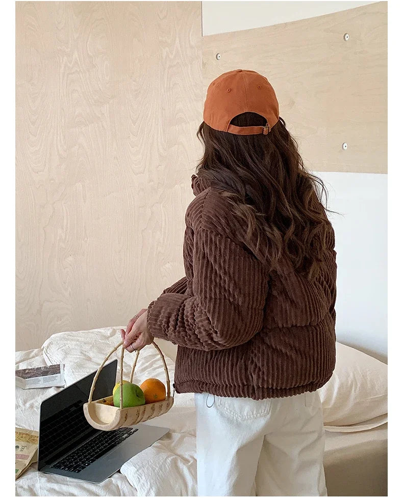 Women Short Parkas Jackets 2025 Autumn Winter Corduroy Long Zipper Thick Warm Outwear Coats Female Winter Jackets parkas Coats