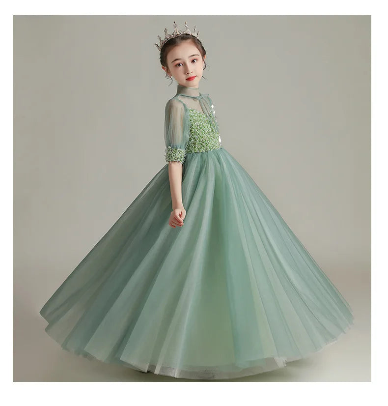 Children Clothing Green Dress for Girls 3 To 14 Year Elegant Formal Evening Dresses Long Luxury Cute Kid Wedding Party Ball Gown