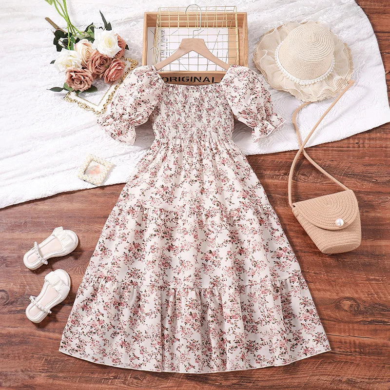 Girls Clothes 2024 New Summer Princess Dresses 8-12Y Shirred-Bodice Floral Puffed Sleeves Elegant Casual Kids Dress For Girls