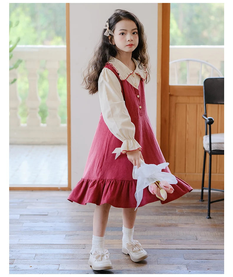 Girls Dress 2023 Winter Korean Style Children's Clothing Girls Fake Two-Piece Lapel Forest Fishtail Skirt Corduroy Princess Dress