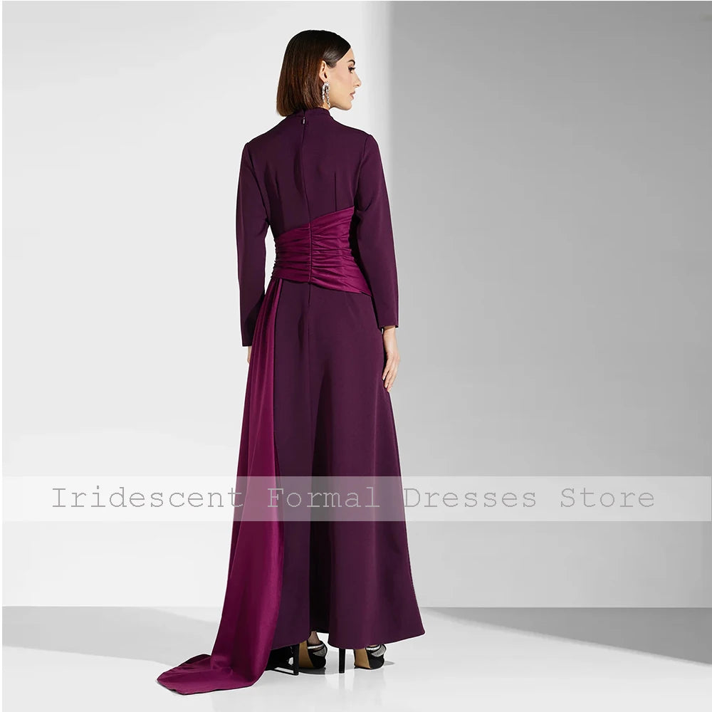 Elegant Evening Dresses Women Elegant High Collar Floor Length Simple Prom Dress 2025 Pleated Long Sleeves A Line Party Gowns