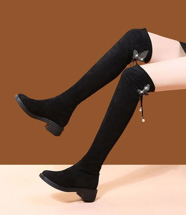 Women's Boots Rhinestone Shoes for Woman Thigh High Footwear Above Over The Knee Middle Heel with Laces Lace-up Quality New In