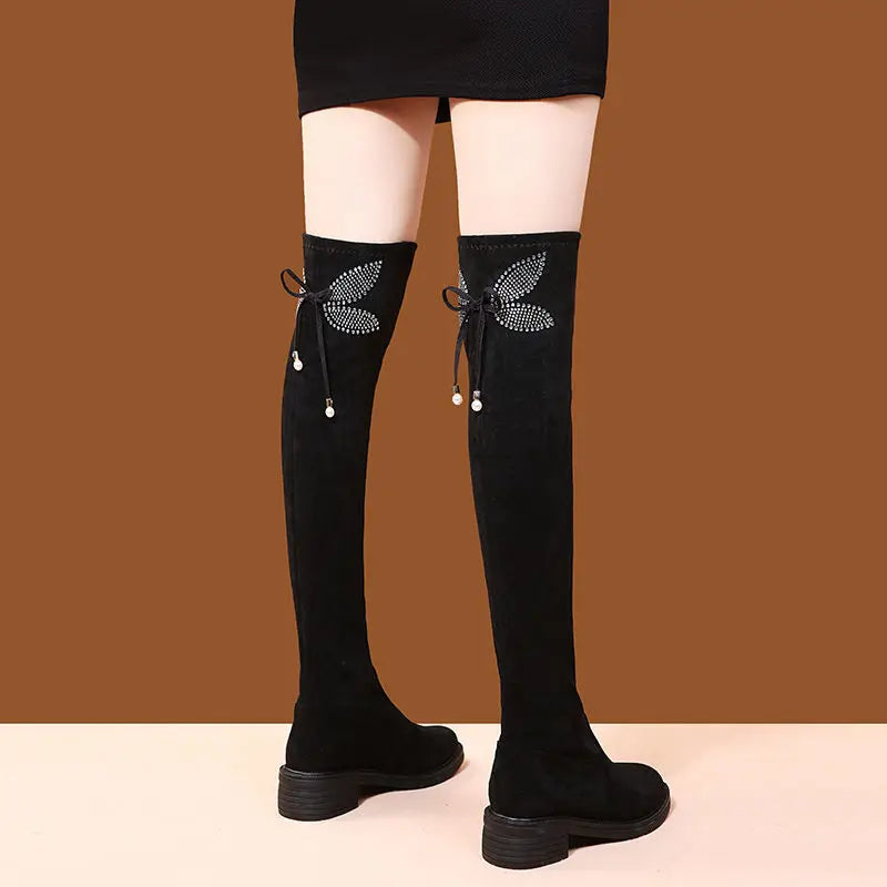 Women's Boots Rhinestone Shoes for Woman Thigh High Footwear Above Over The Knee Middle Heel with Laces Lace-up Quality New In