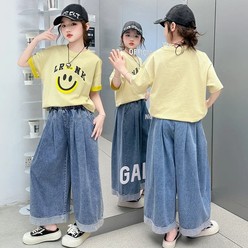 Girls Summer Clothes Sets Children Smiley Face Print Short-Sleeve T-Shirt + Denim Wide-Leg Pants Two-Piece Sets 2025 New