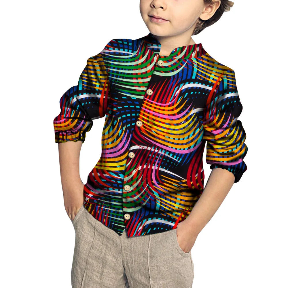 Kids Clothing Kids Boys African Fashion New Boy's Tops Bazin Riche African Wax Print Patchwork Cotton Shirt for Boys