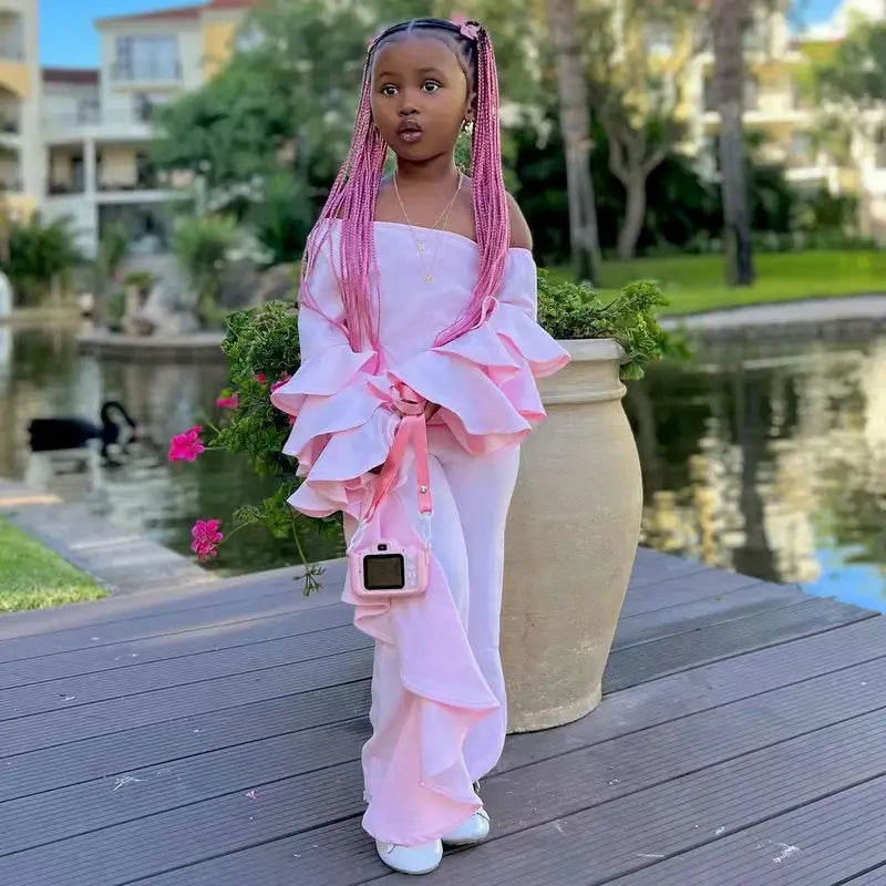 1-8Y Children's clothing sets For Girls Pink Off Shoulder Long Sleeve Shirt Tops+Ruffled Pants Baby Kids Girls Autumn Clothing