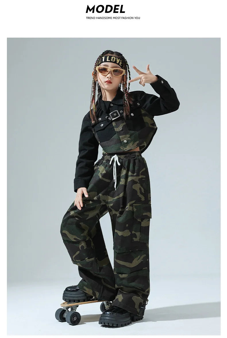 Girls Hip Hop Clothing Green Crop Top Camouflage Casual Wide Pockets Cargo Pants for Kids Jazz Dance Costume Clothes