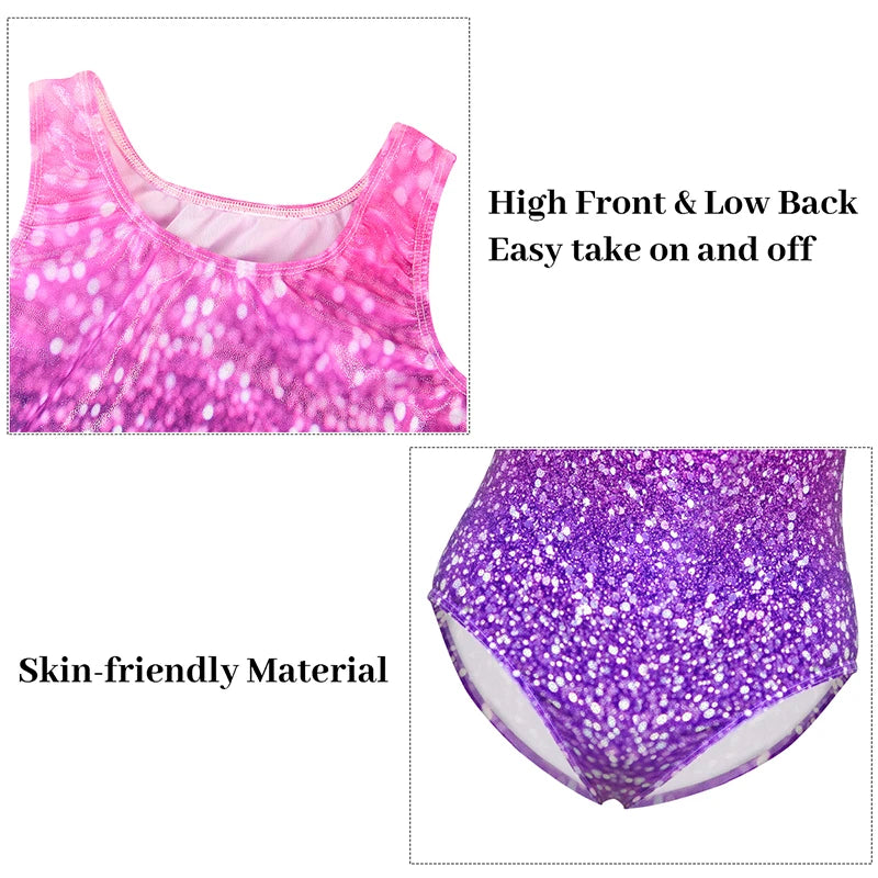 Gymnastics Leotards for Girls Glitter Fashion Print SleevelessTank Biketards Activewear  with shorts and headband