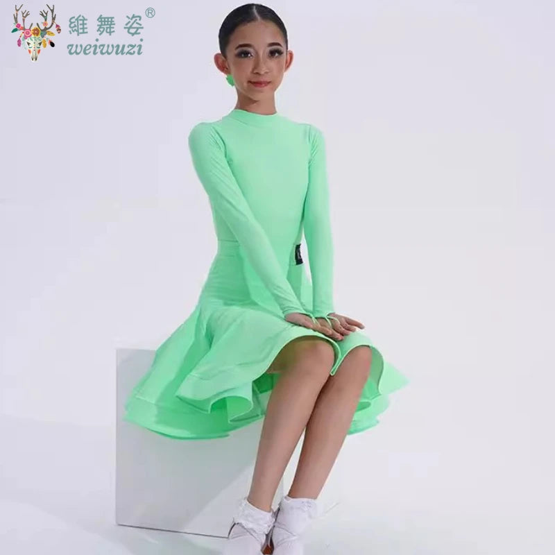 Girls Latin Dance Competition Clothing Glossy Fabric Long Sleeves Dance Dress Kids Cha Rumba Dance Practice Training Wear
