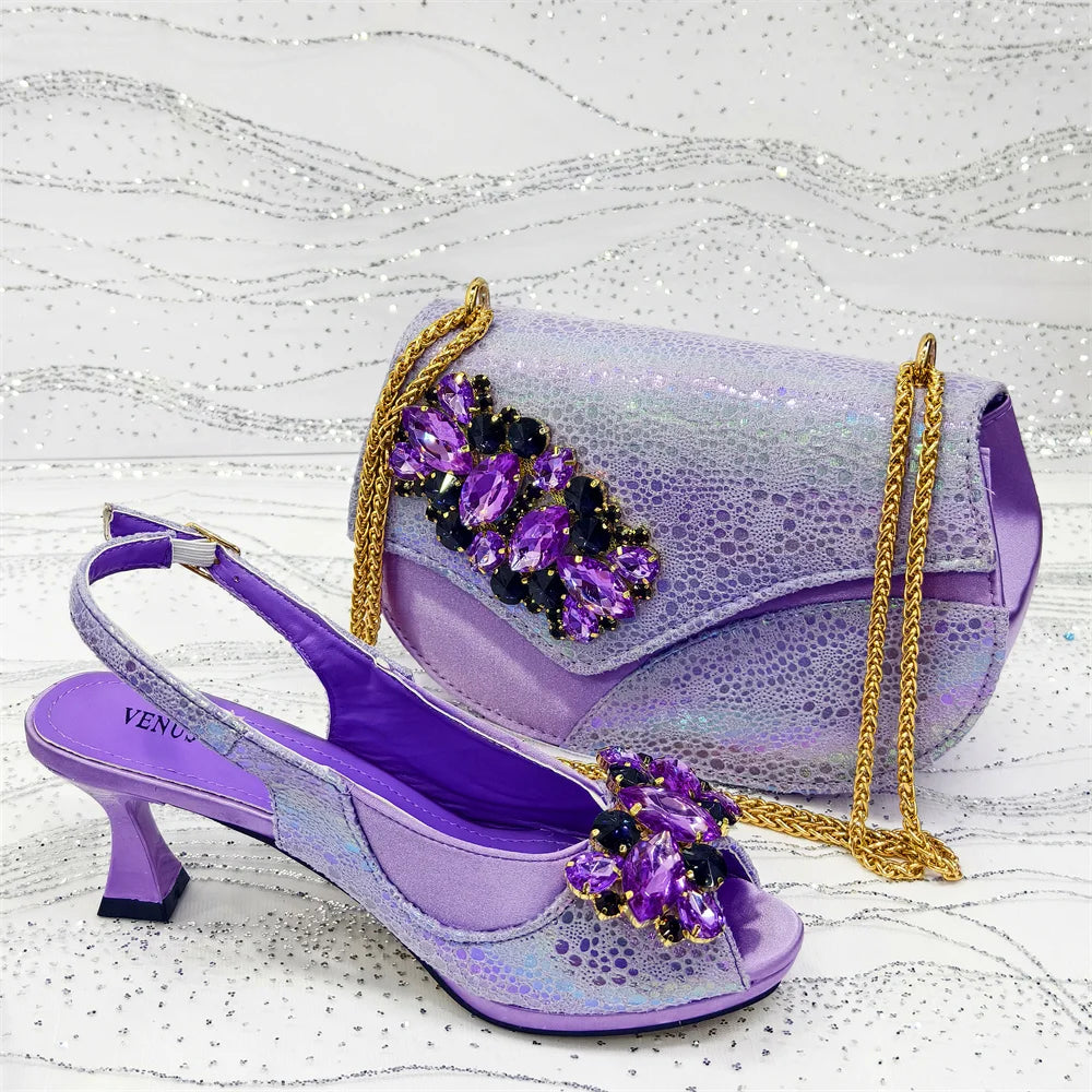 2025 New Rhinestone Design African Shoes & Bag Set in Green – Open Toe Comfortable Women's Heels - Hot Sale on Instagram