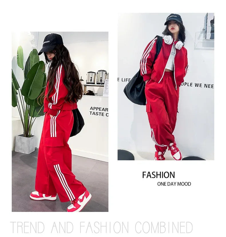 2025 New Girls Outfit Spring/fall Casual Striped Short Jacket  Wide Leg Pants 2-Pieces Fashion School Kids Sporty Tracksuit Set