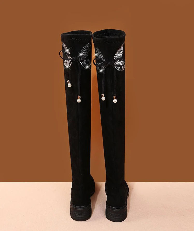 Women's Boots Rhinestone Shoes for Woman Thigh High Footwear Above Over The Knee Middle Heel with Laces Lace-up Quality New In