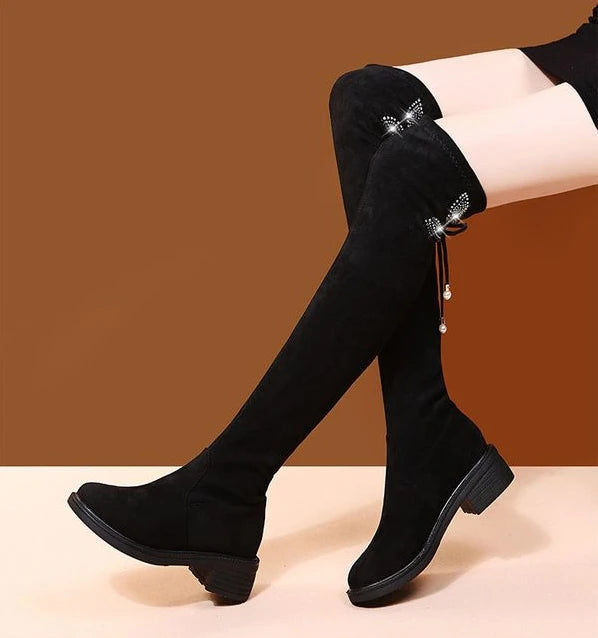 Women's Boots Rhinestone Shoes for Woman Thigh High Footwear Above Over The Knee Middle Heel with Laces Lace-up Quality New In