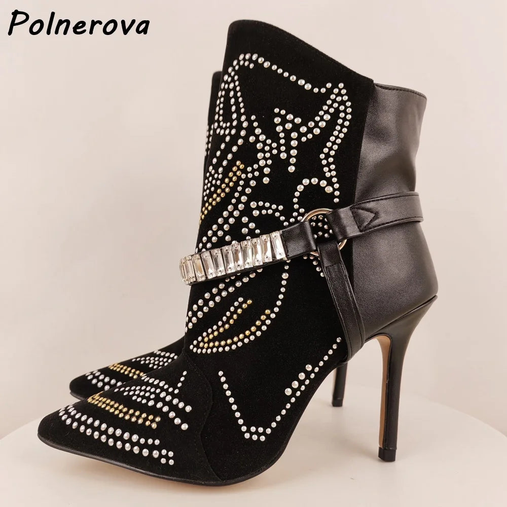 Rhinestone Black Ankle Boots Pointy Toe Thin Heels Slip On Bling Crystal Solid Sexy Boots Women's Winter Elegant Runway Shoes