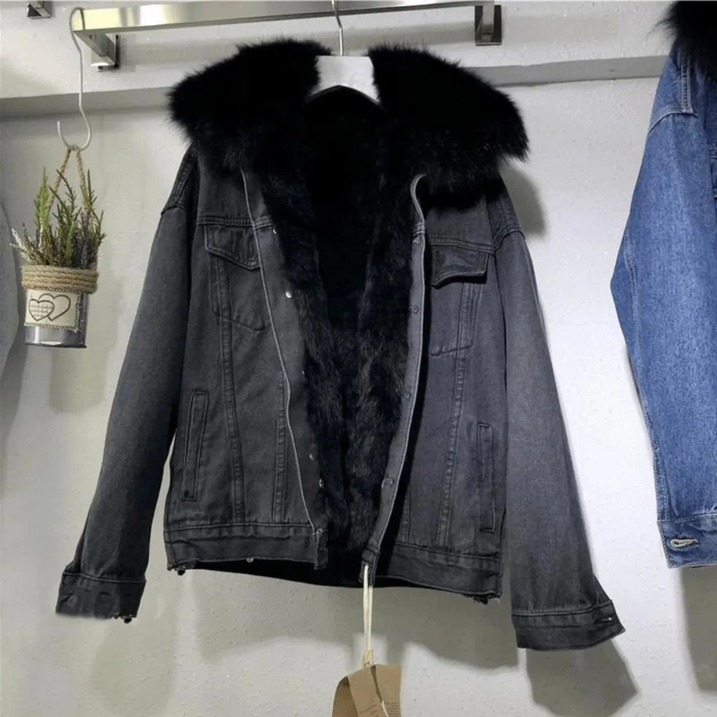 Winter Women Warm Basic Coat Big Fur Collar Denim Jacket Female Cold Motorcycle Jackets Outerwear Fleece Thick Casual Overcoat