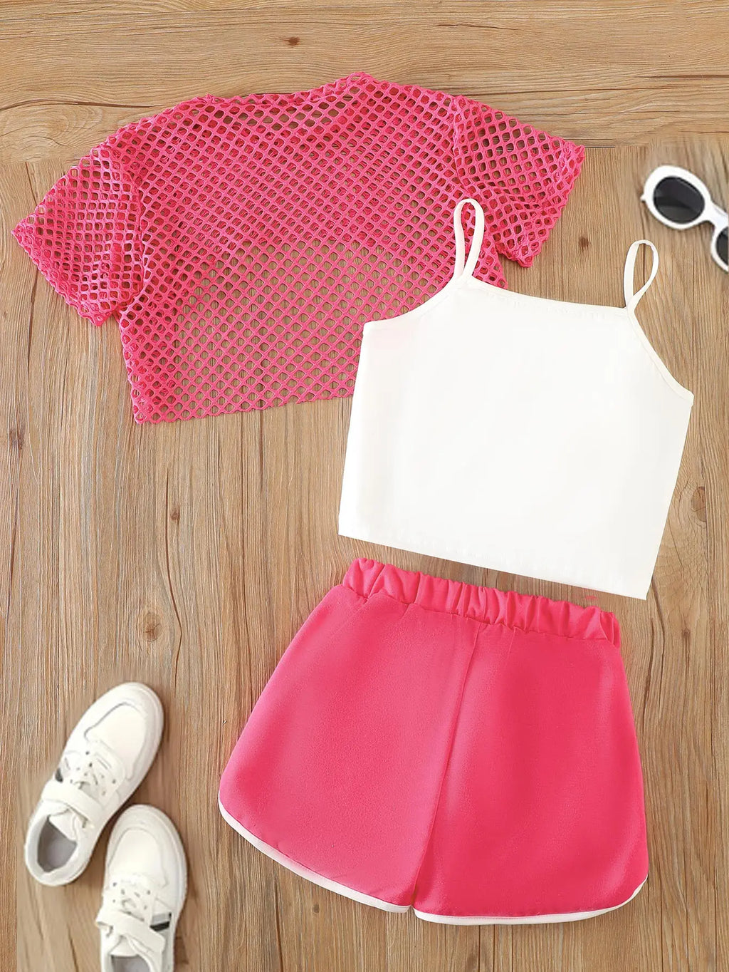 Girls' Three-Piece Outfits New Breathable Summer Thin Fashion Short Sleeve Mesh Top+Letter Print Crop Vest Sling+Letter Print Sport Shorts