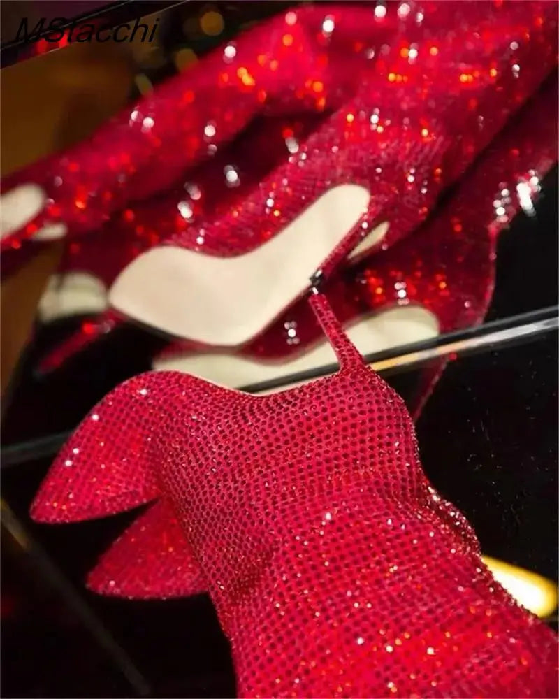 Rhinestone Women's High Boots Pointed Toe Slip-on Long Boots Women Boots High Heels Sexy Stiletto Ladies Party Shoes 2025 New