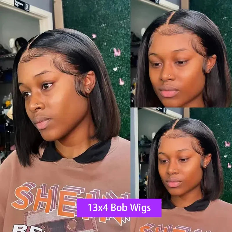 200 Density Straight 13X4 Lace Frontal Bob Wigs 100% Human Hair for Women Brazilian Remy Hair Pre Plucked Virgin Hair #1B 16inch
