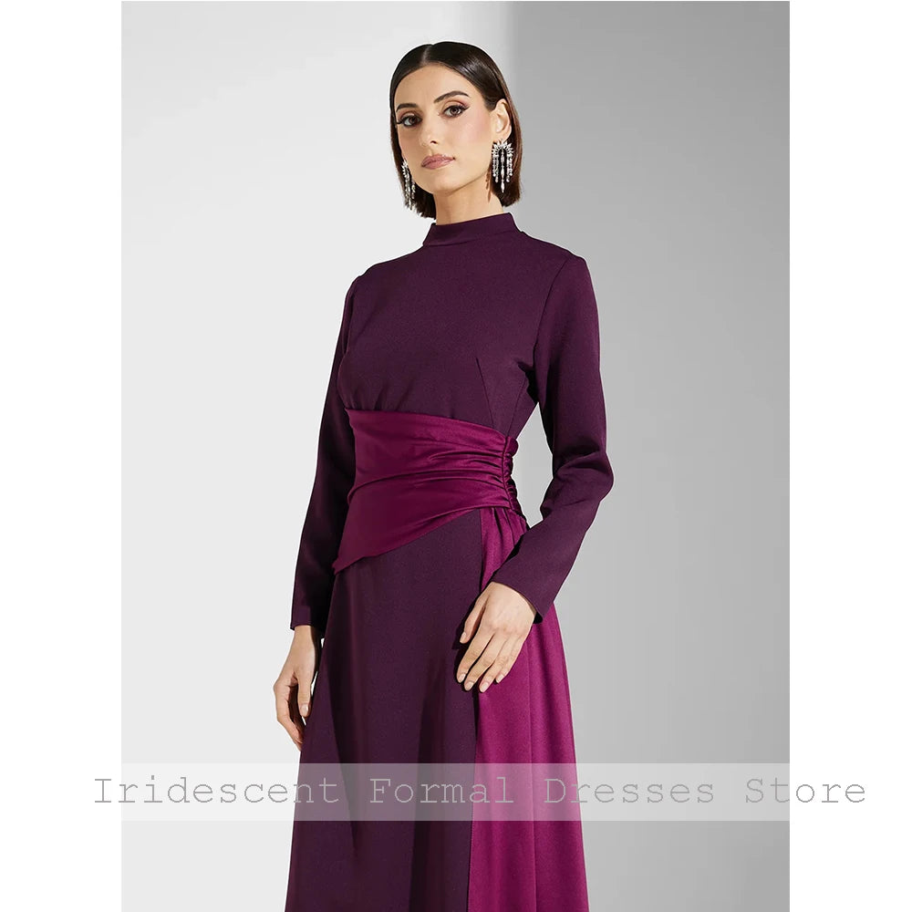 Elegant Evening Dresses Women Elegant High Collar Floor Length Simple Prom Dress 2025 Pleated Long Sleeves A Line Party Gowns