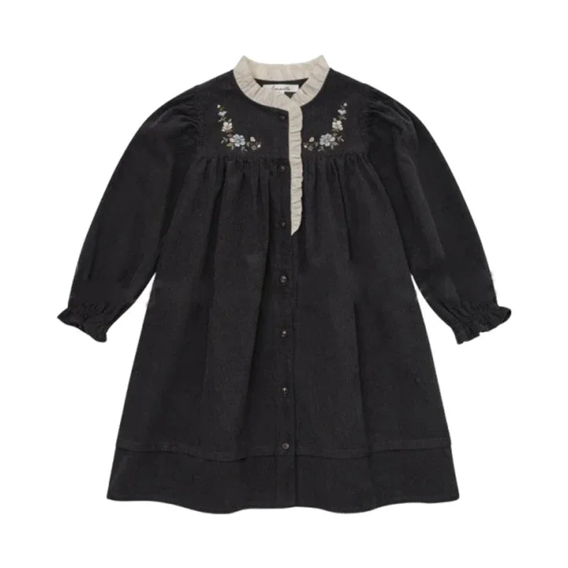 Girls Dresses 2025 Autumn Winter 100% Cotton Corduroy Black High-end Embroidered Dress Cardigan Woolen Sweater Kids's Clothing