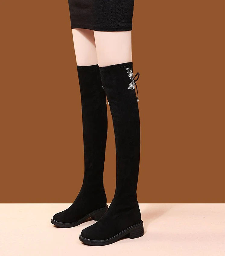 Women's Boots Rhinestone Shoes for Woman Thigh High Footwear Above Over The Knee Middle Heel with Laces Lace-up Quality New In